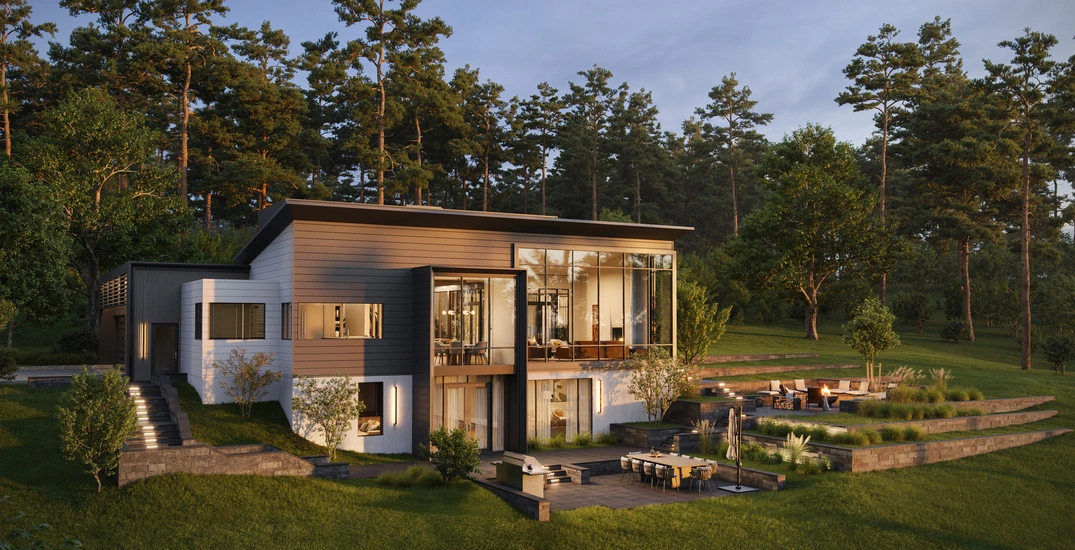 3d rendering of a two story house set in a forested landscape with expansive glass walls, terraces, and contemporary architectural design.
